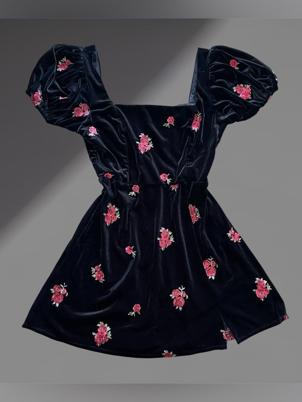 Blue Rain Whimsigoth Black Velvet Floral Embroidered Puff Sleeve Mini Dress